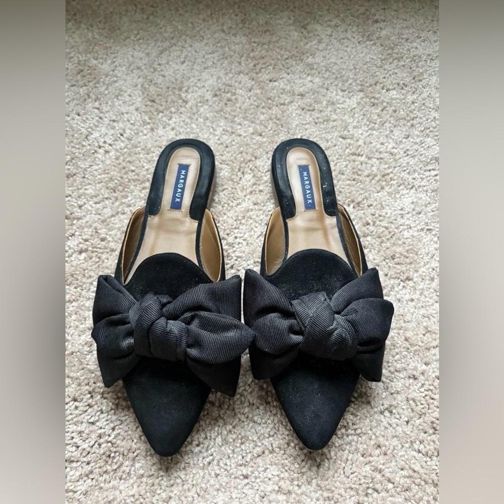 Margaux The Mule - $275, Black Suede and Grosgrain with Bow - Sz 11